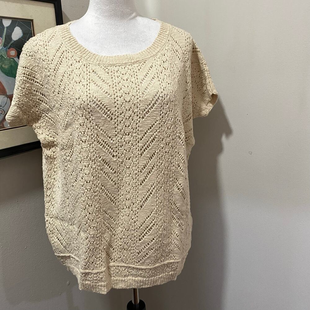 Sahalie Tan Sweater SIZE LARGE Open Lace Knit Loose Fit Cotton Pullover Top